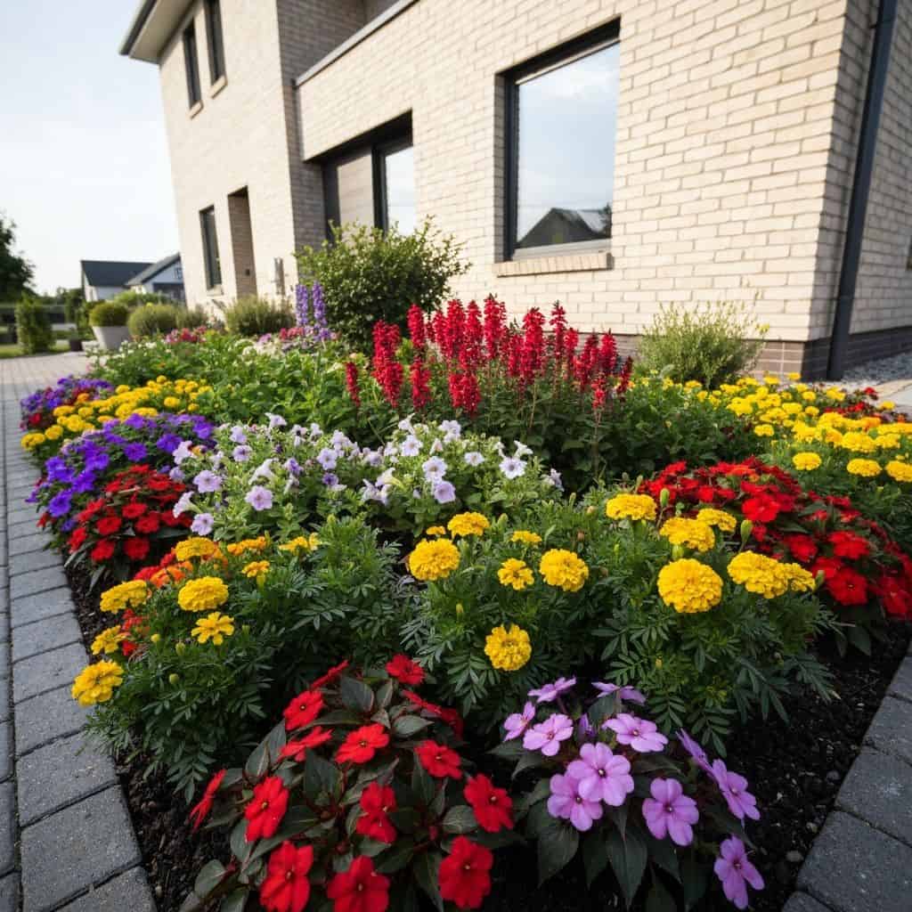 Colorful flower bed with fresh mulch and seasonal flowers at a Huntsville home