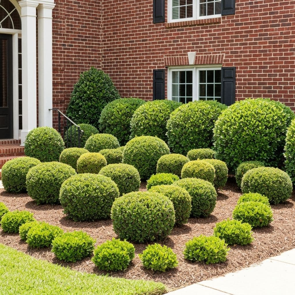 Beautifully trimmed hedges sculpted into clean geometric shapes along a home
