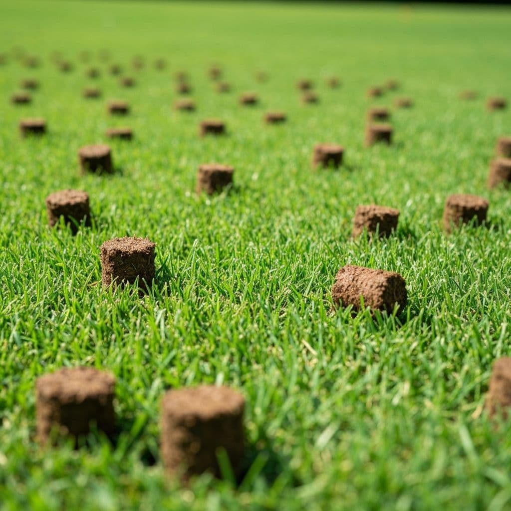 Core aerator pulling soil plugs from a green residential lawn during aeration service