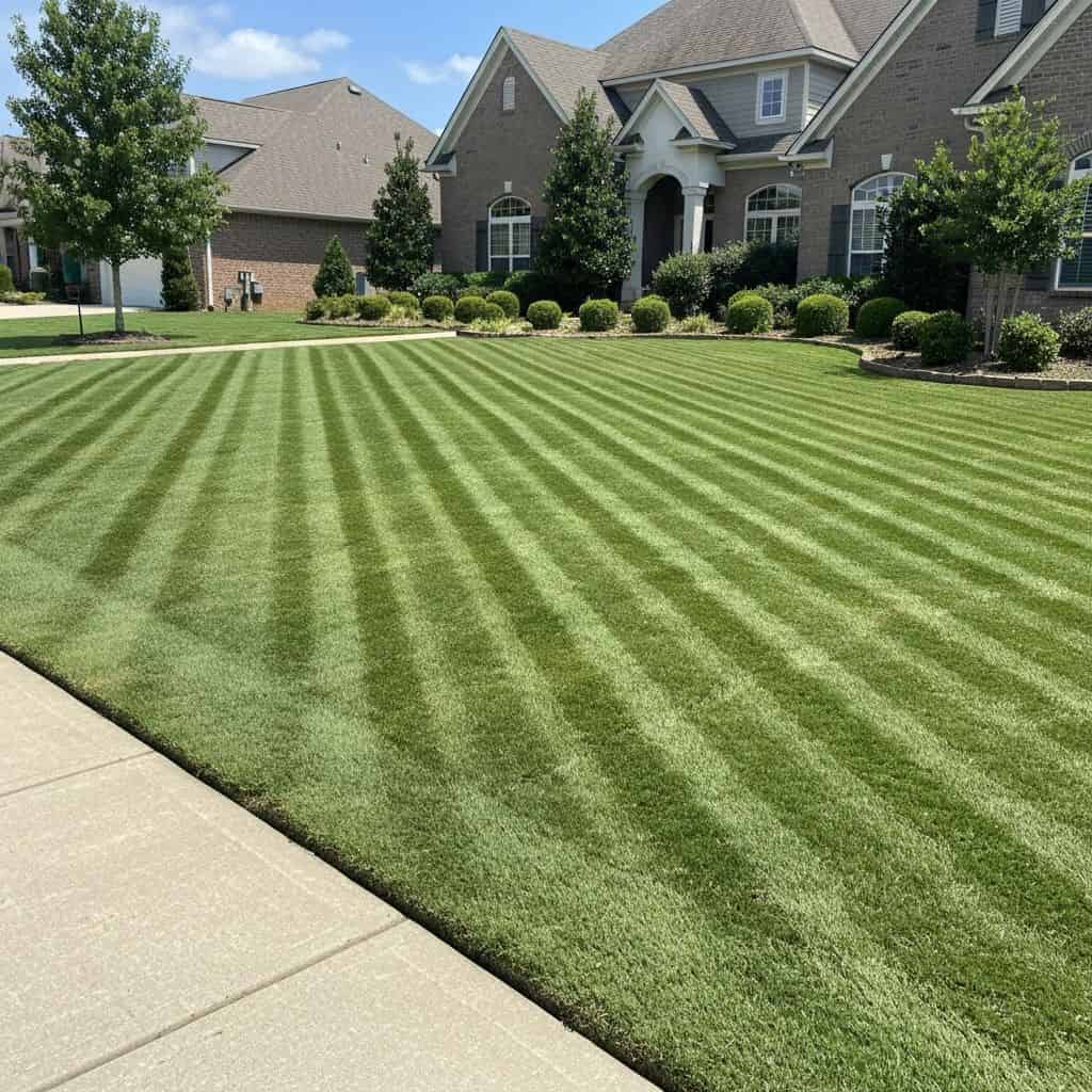 Professional lawn mowing service showing a freshly cut residential lawn in Huntsville AL